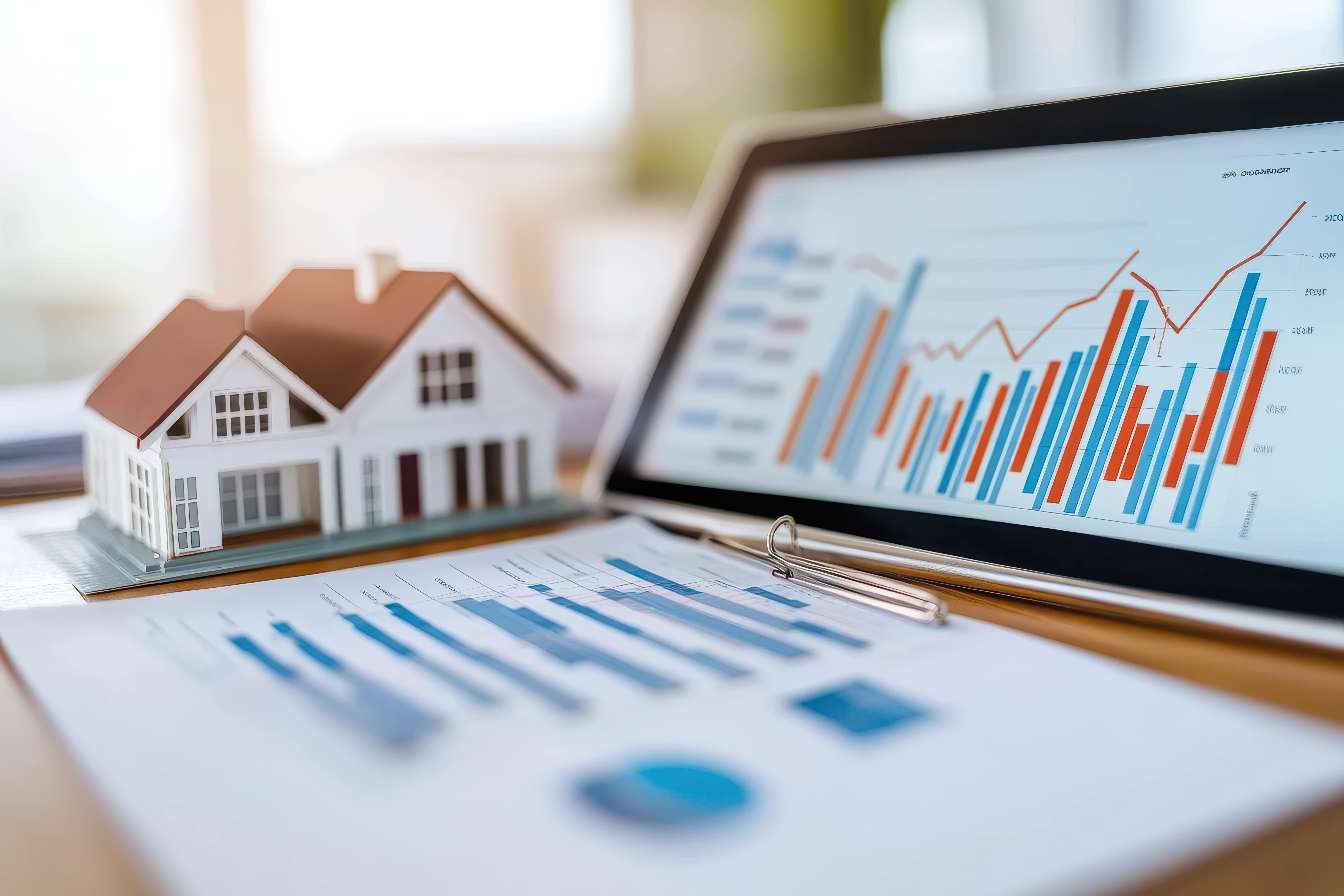 Model house beside printed and digital graphs showing real estate investment data and performance.