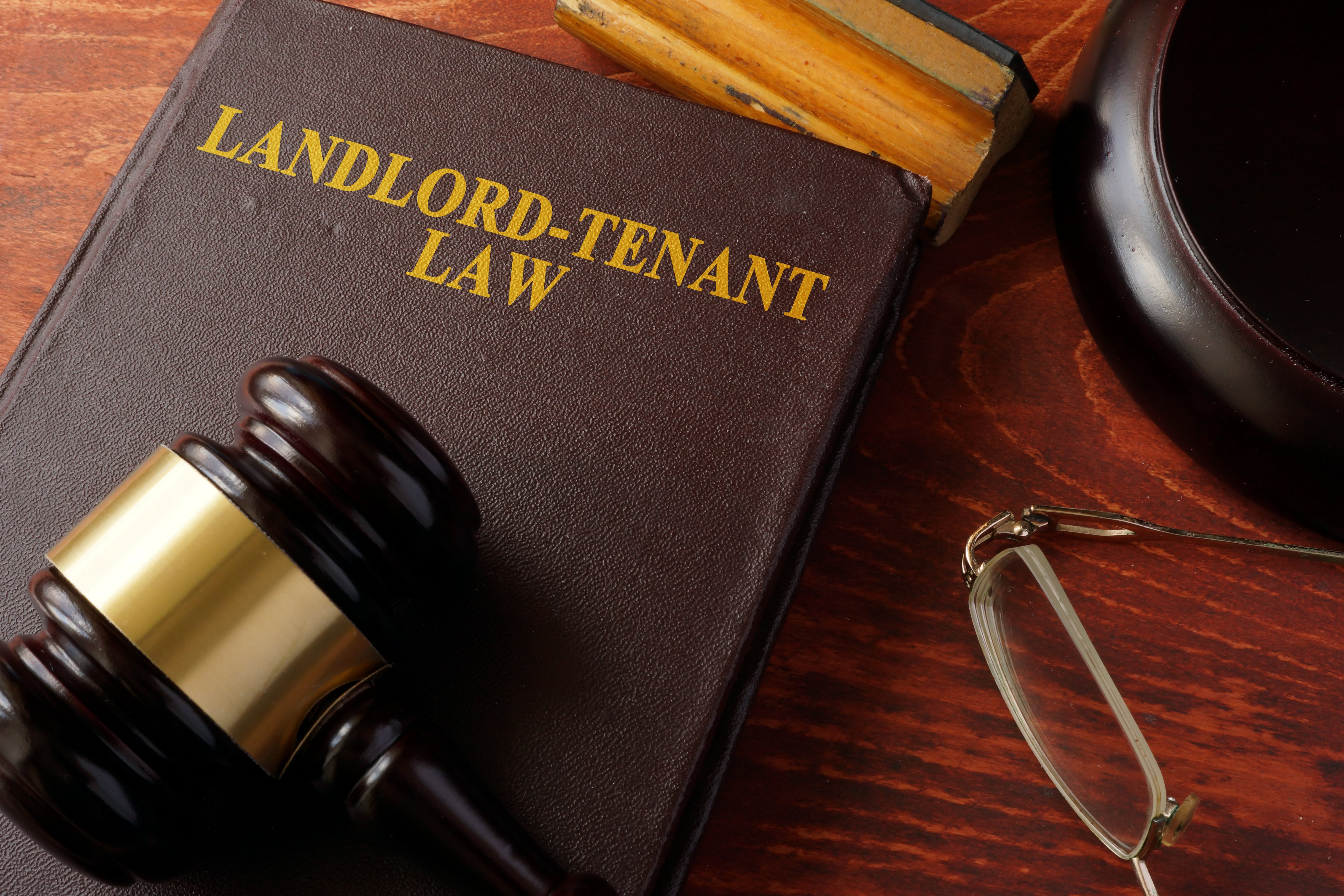 A close-up view of a landlord-tenant law book, a judge’s gavel, and a pair of reading glasses, symbolizing the legal considerations in property management.