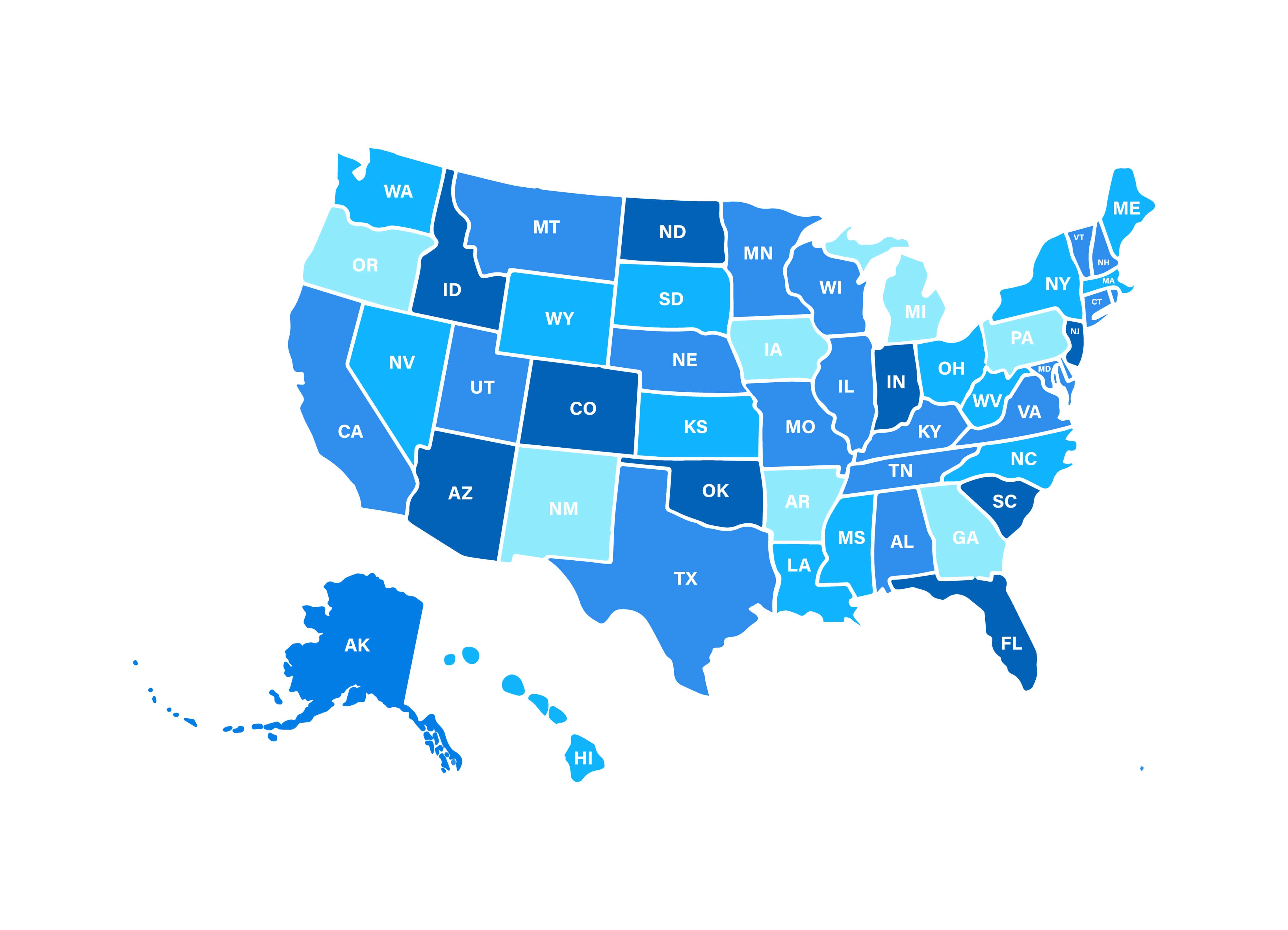 A detailed map of the United States shaded in varying tones of blue, potentially illustrating state-specific regulations or laws related to squatters and property rights.