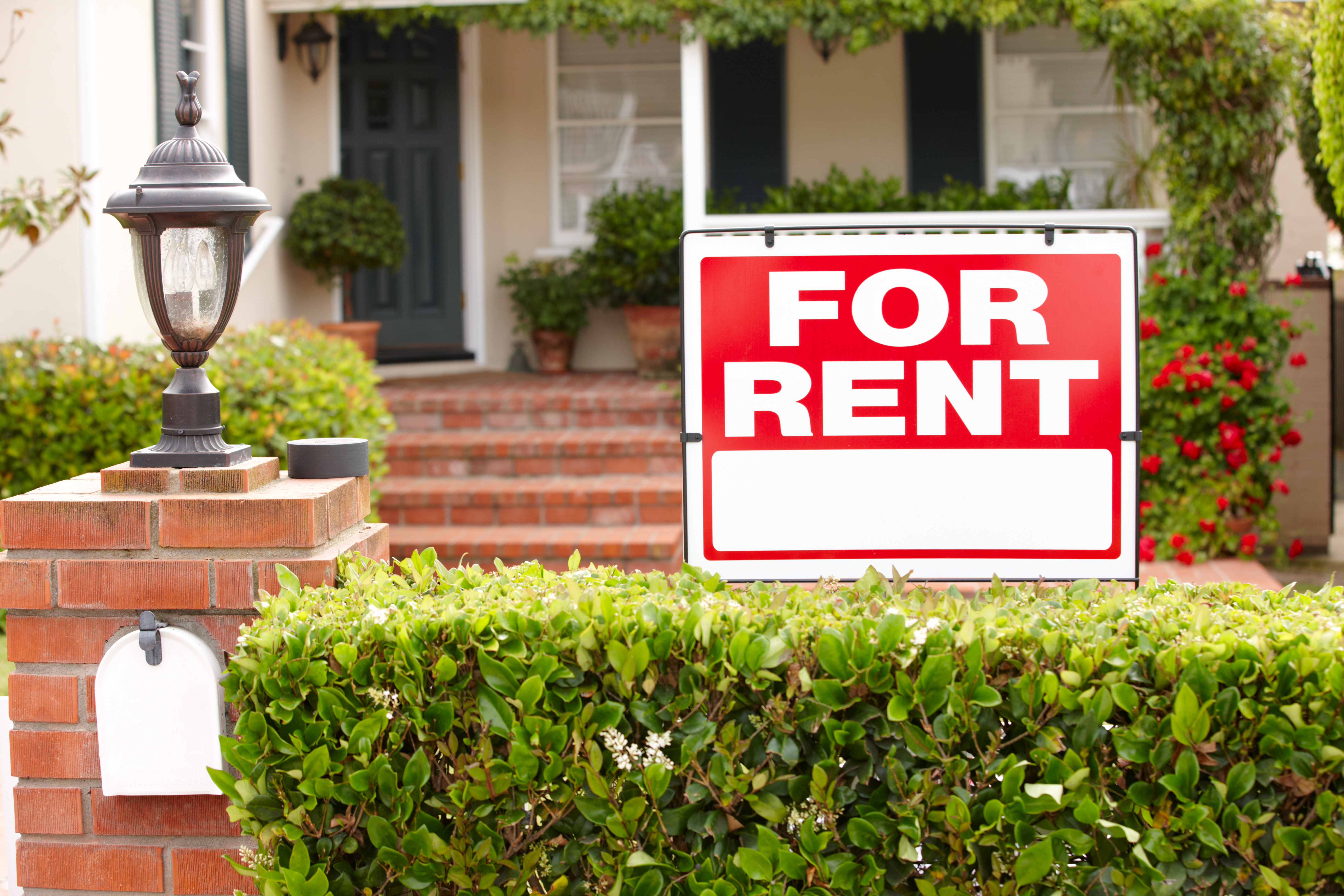 A “For Rent” sign placed in front of a residential home with a well-maintained yard and brick steps leading to the front door.