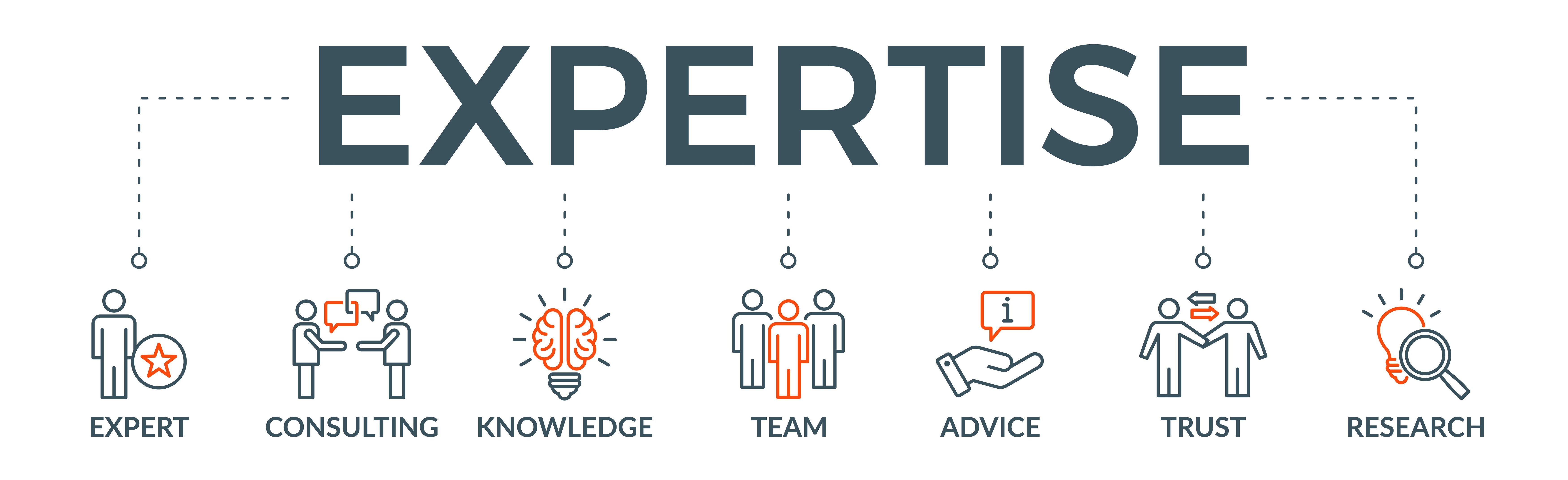 Illustration of expertise elements including expert knowledge, consulting, teamwork, advice, trust, and research, highlighting key skills for professional services.