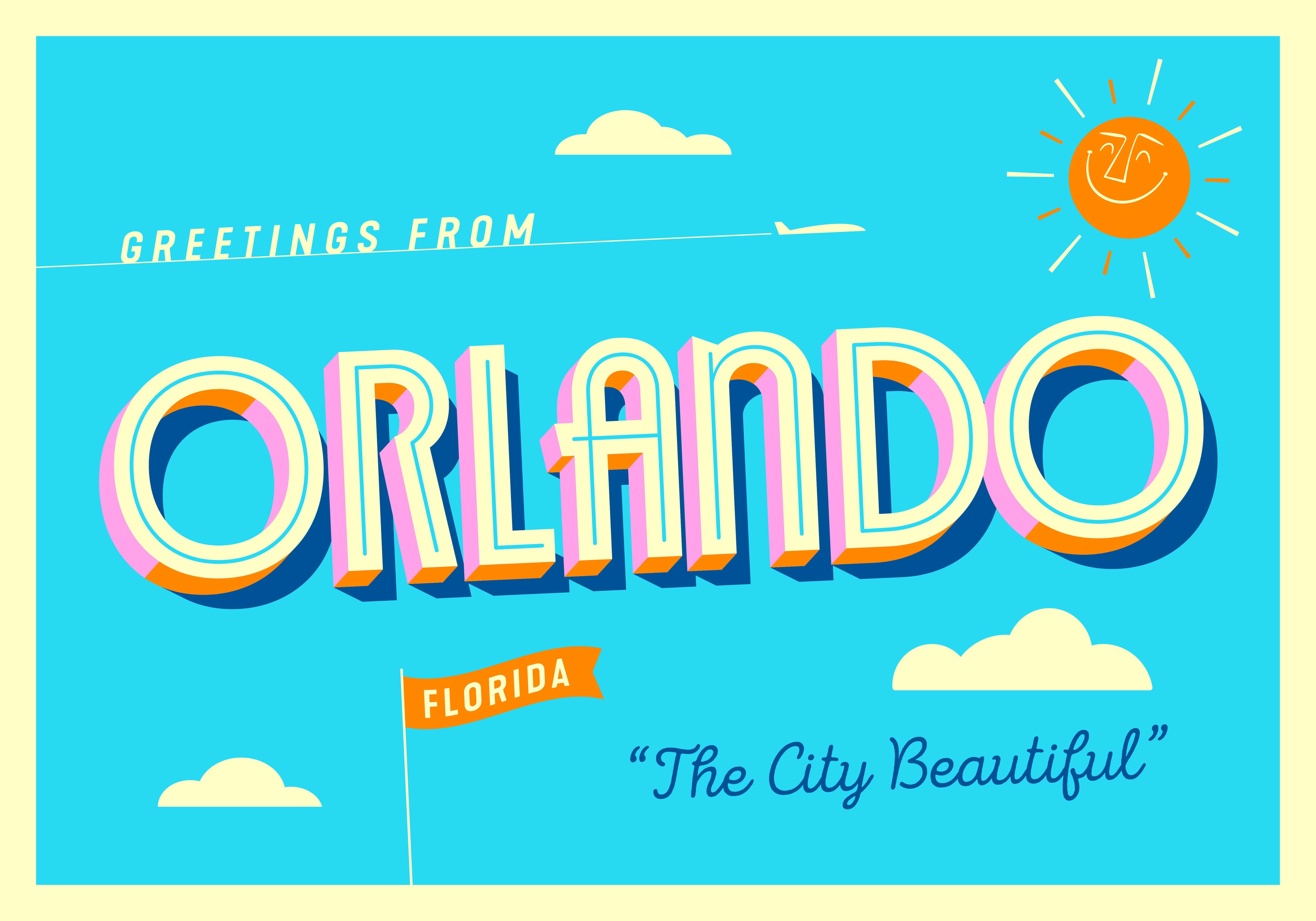 A colorful, retro-style postcard illustration featuring 'Greetings from Orlando' in bold, 3D typography against a bright blue sky with playful clouds and a smiling sun. The tagline 'The City Beautiful' is included at the bottom.