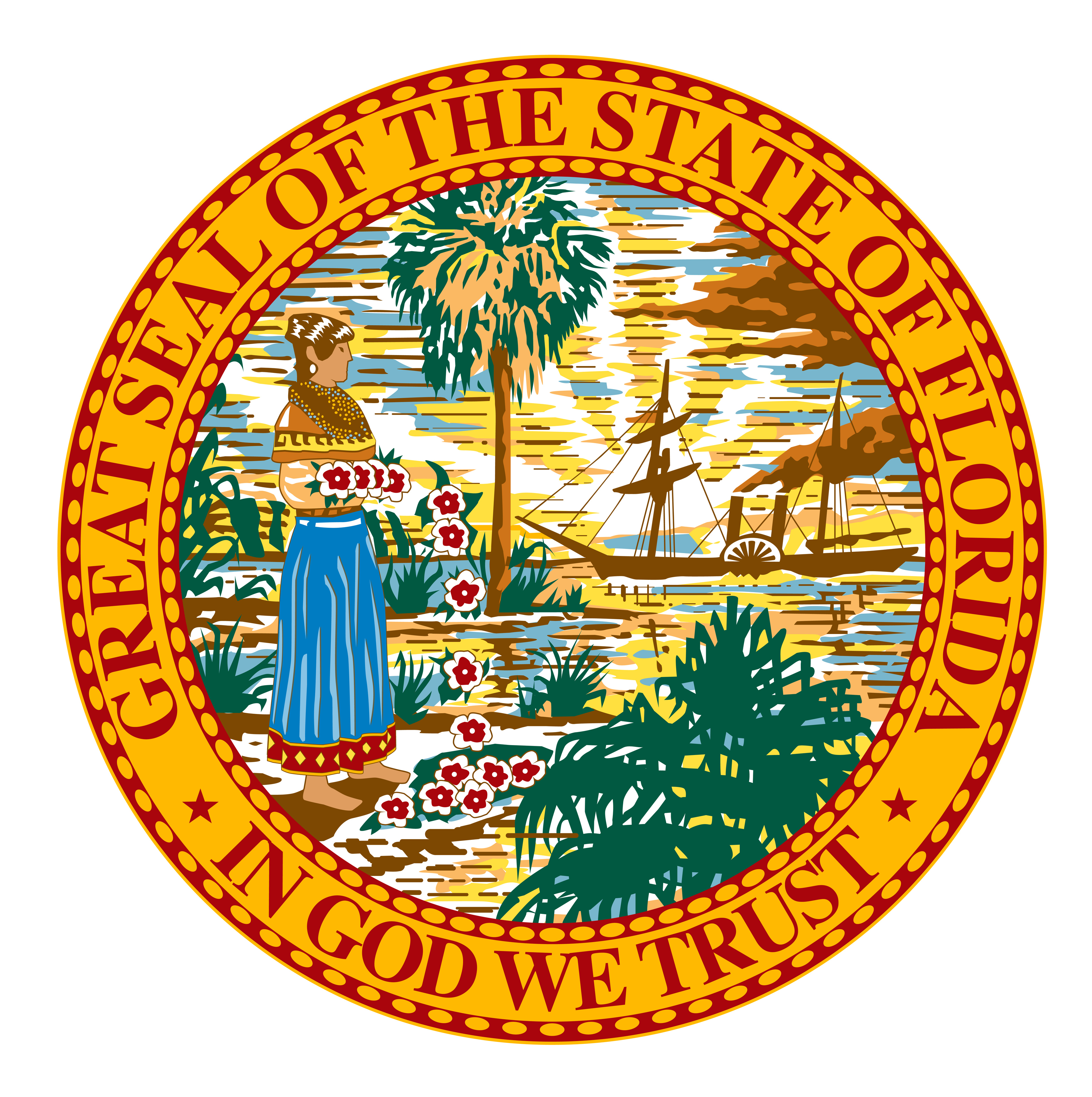 The Great Seal of the State of Florida, featuring a Native American woman, palm trees, and a steamboat.