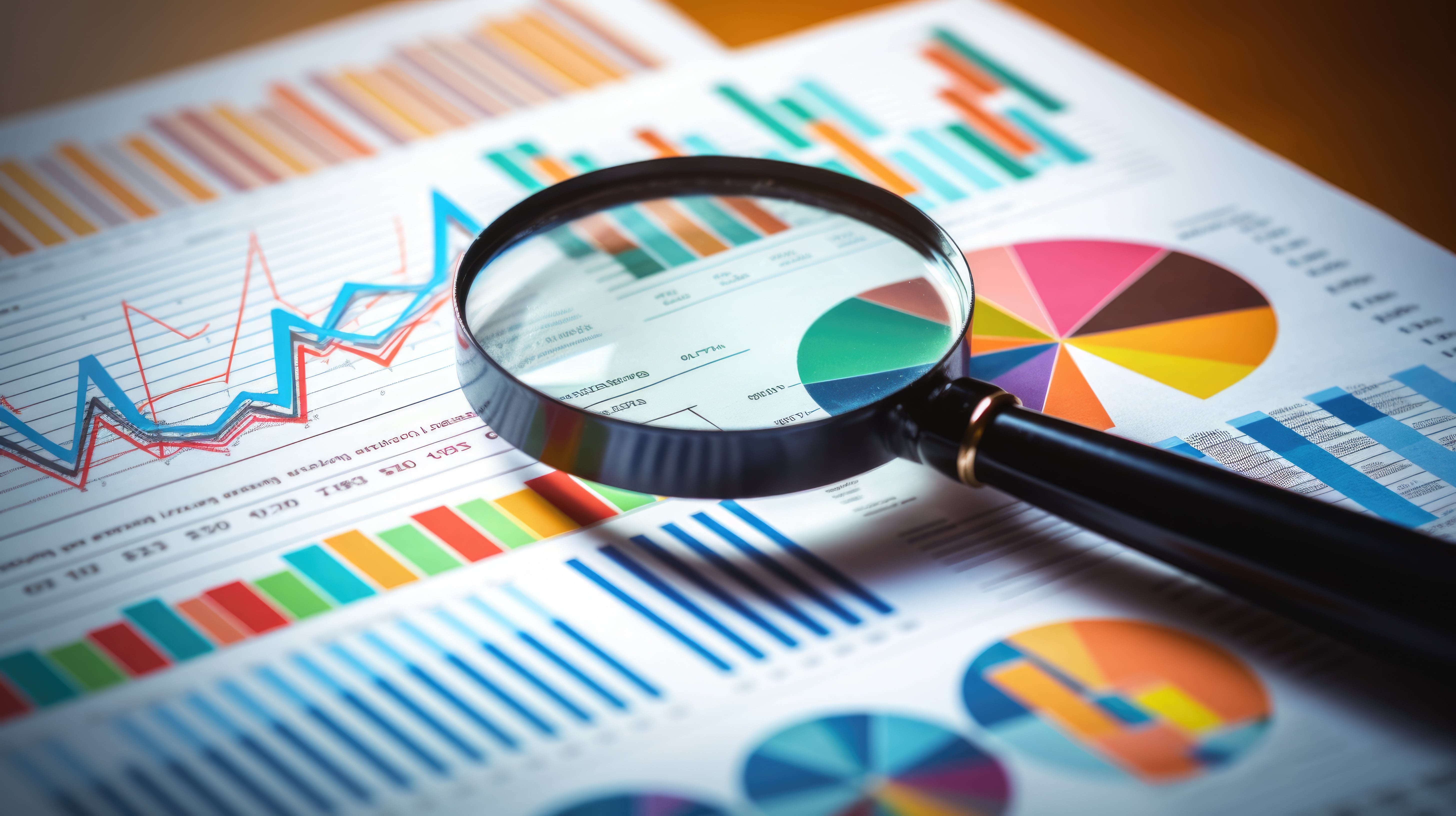 A magnifying glass placed over colorful financial charts and graphs, representing the analysis of rental market trends and economic data.