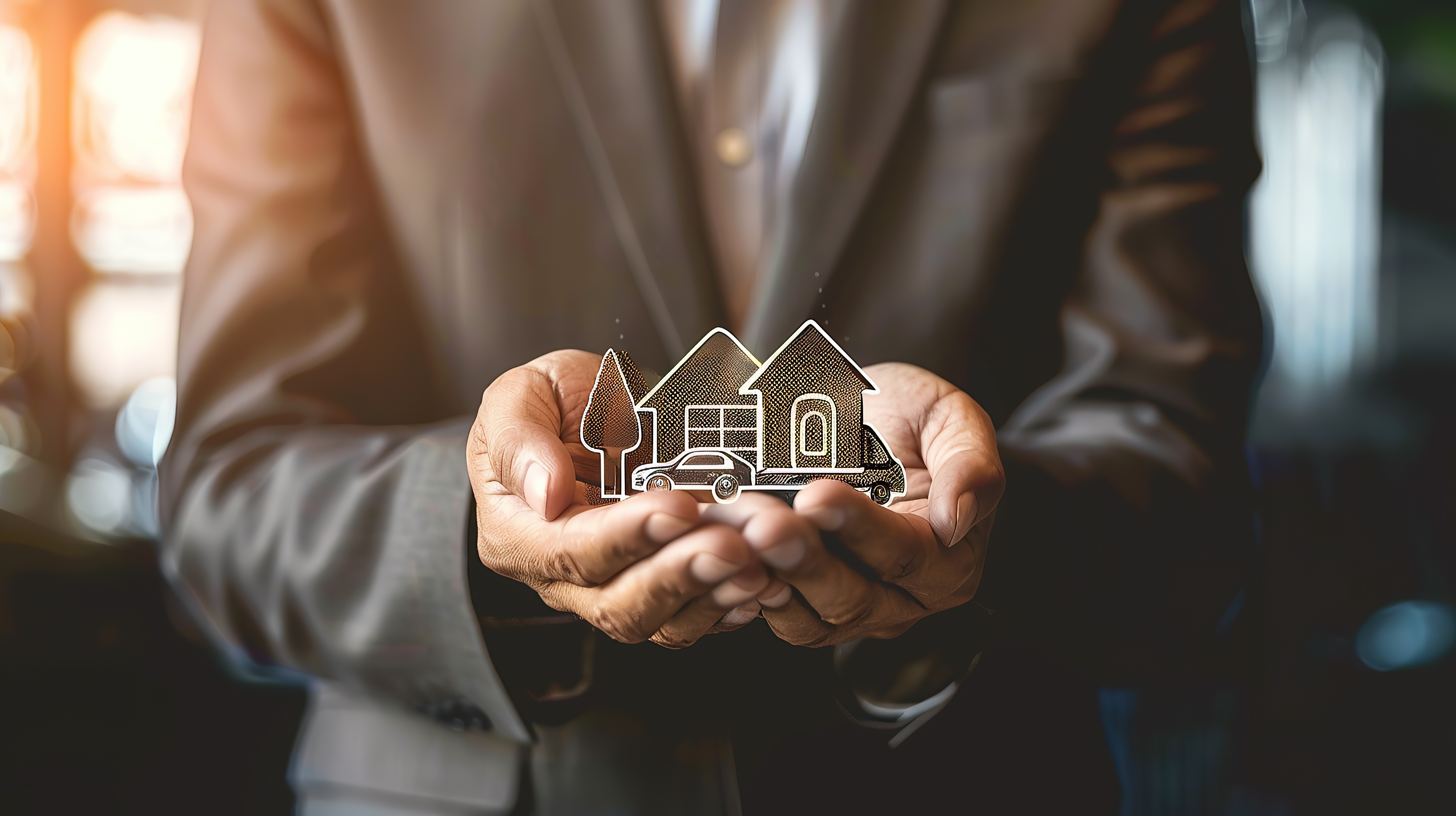 Businessperson holding a model of a house and car, symbolizing protection, security, and real estate investment.