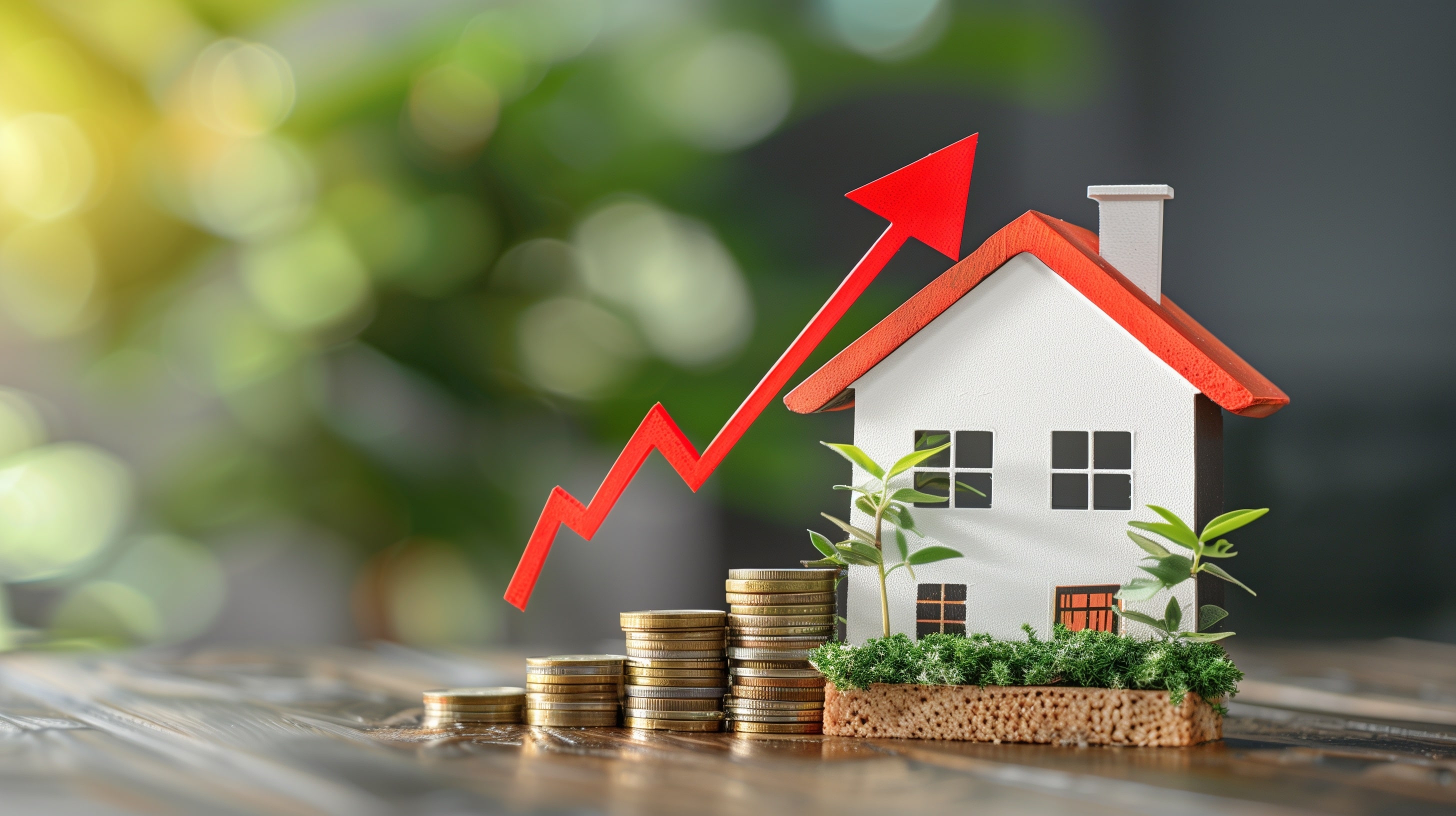 Model house with stacked coins and a red upward arrow, representing rising real estate value and investment growth.