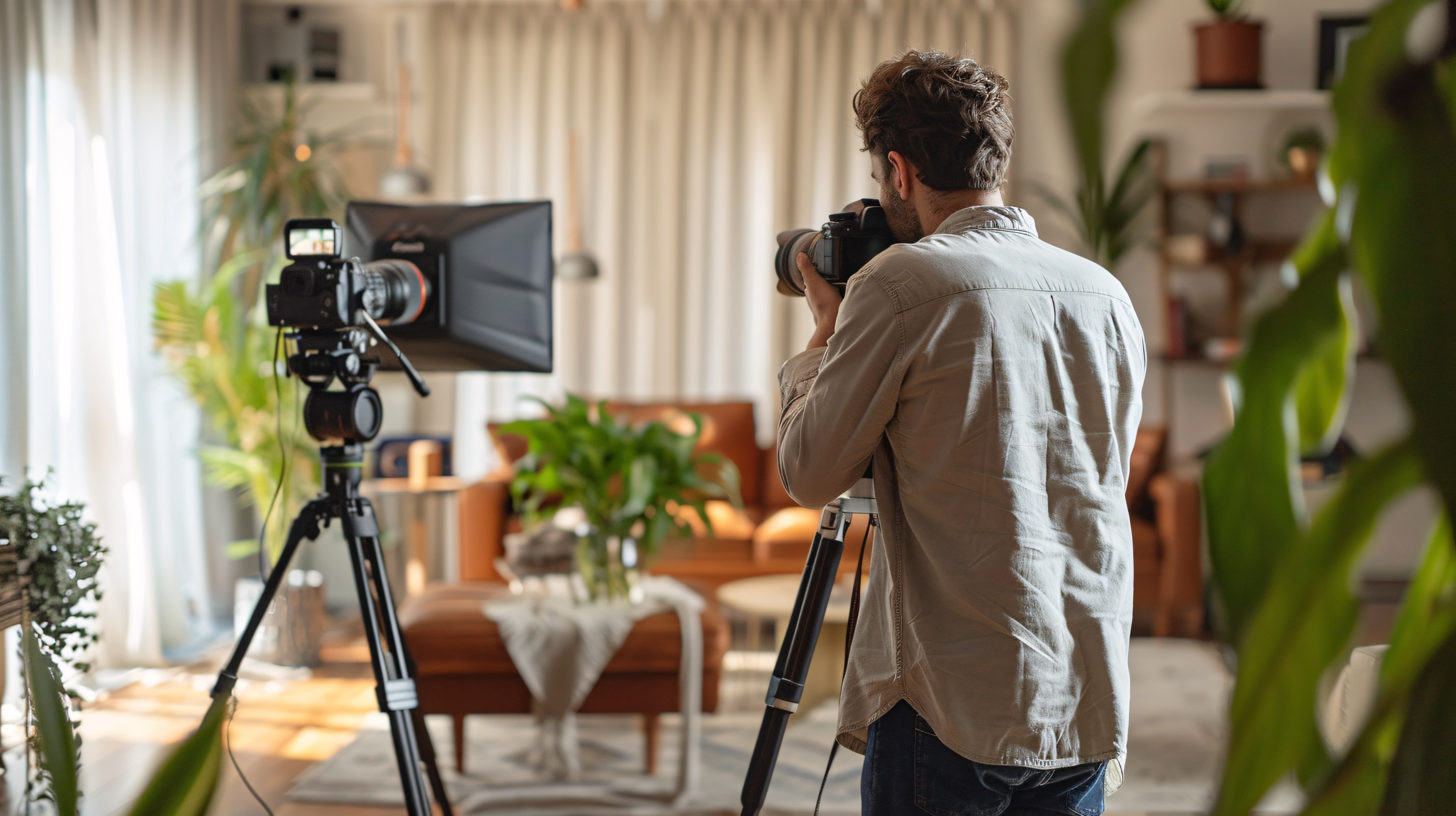 Professional photographer capturing interior shots of a rental home with lighting equipment and camera setup.
