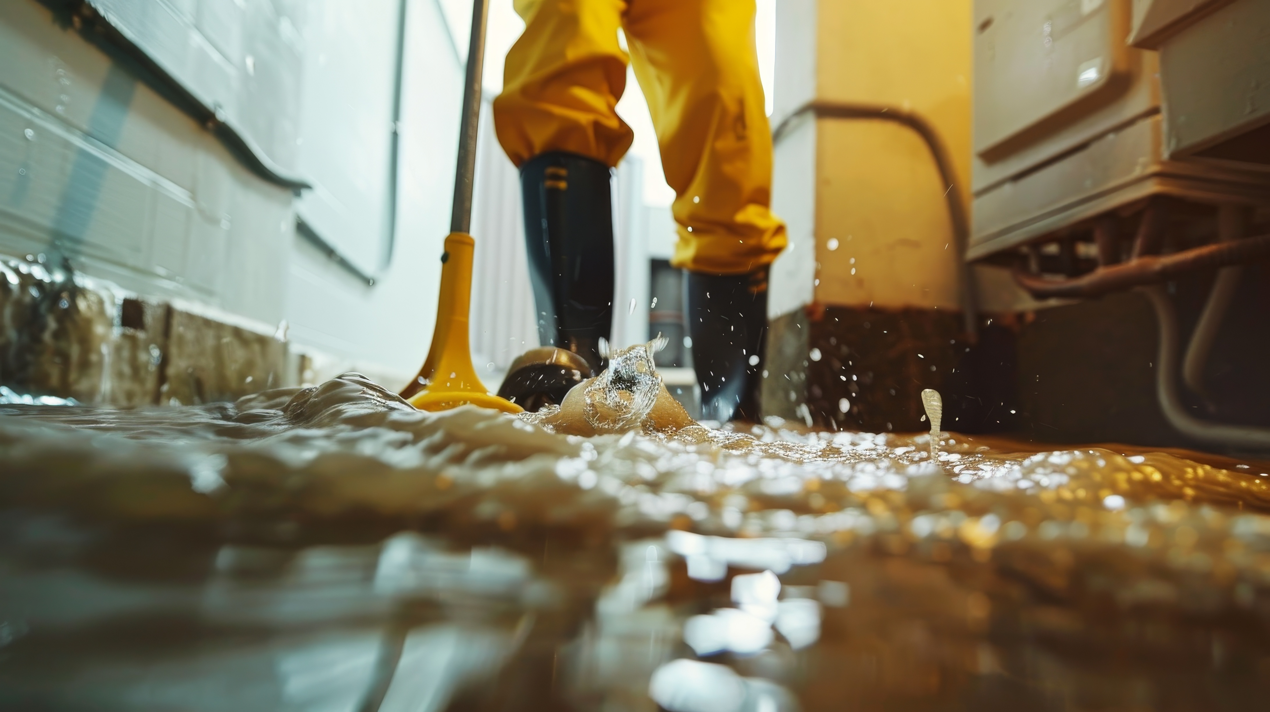  A person wearing yellow rain boots stands in ankle-deep water, likely inside a flooded building. The focus is on the splashing water as they move through the flood, symbolizing the aftermath of a storm or flood.