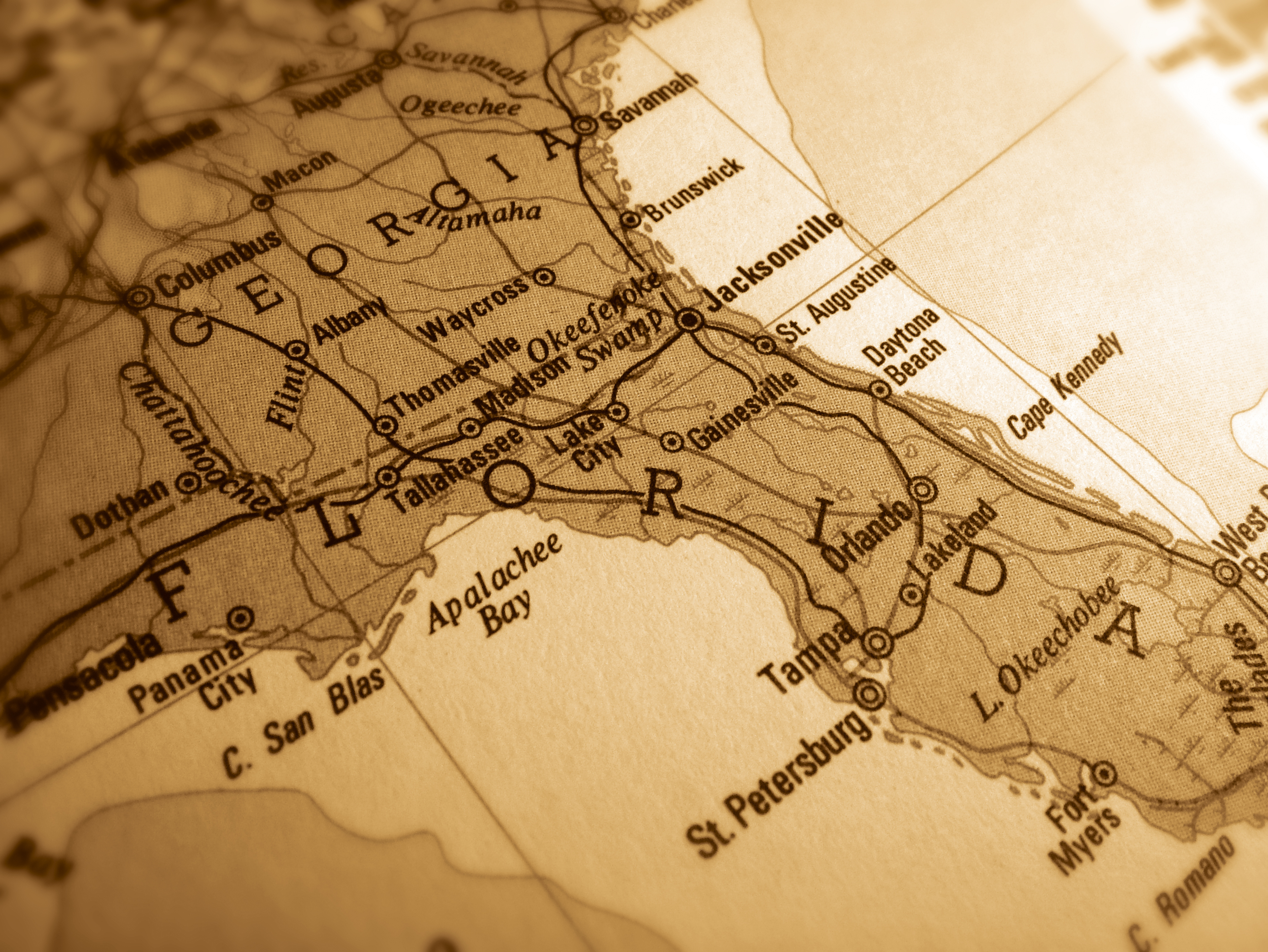 Vintage map showing Florida and southern Georgia, including key cities like Orlando, Tampa, Jacksonville, and Tallahassee.