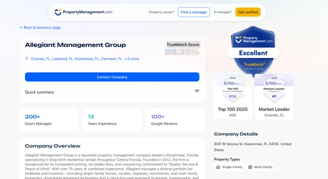 PropertyManagement.com profile for Allegiant Management Group showing an Excellent TrueMatch verified rating, Top 100 Property Managers ranking #56 for 2025, and Market Leader Orlando recognition.