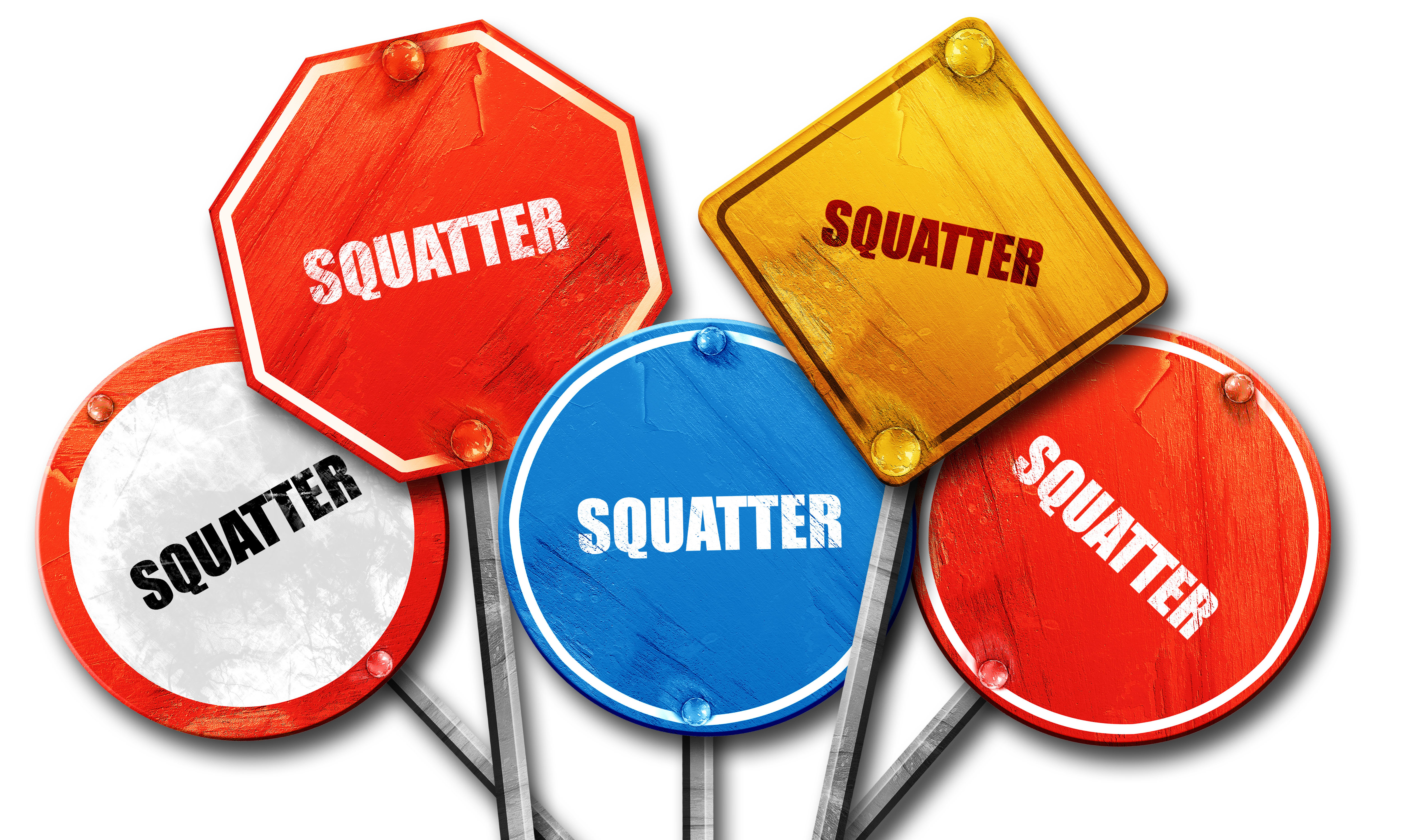Colorful group of street signs all labeled 'Squatter,' symbolizing squatting issues and property rights.