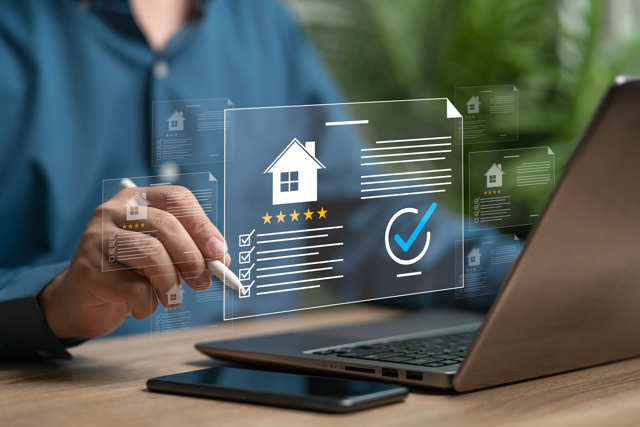 Person preparing for the Florida real estate licensing exam using digital tools on a laptop with property documents.