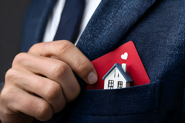 Close-up of a real estate agent’s suit pocket with a miniature house model and red card symbolizing trust and ethics.