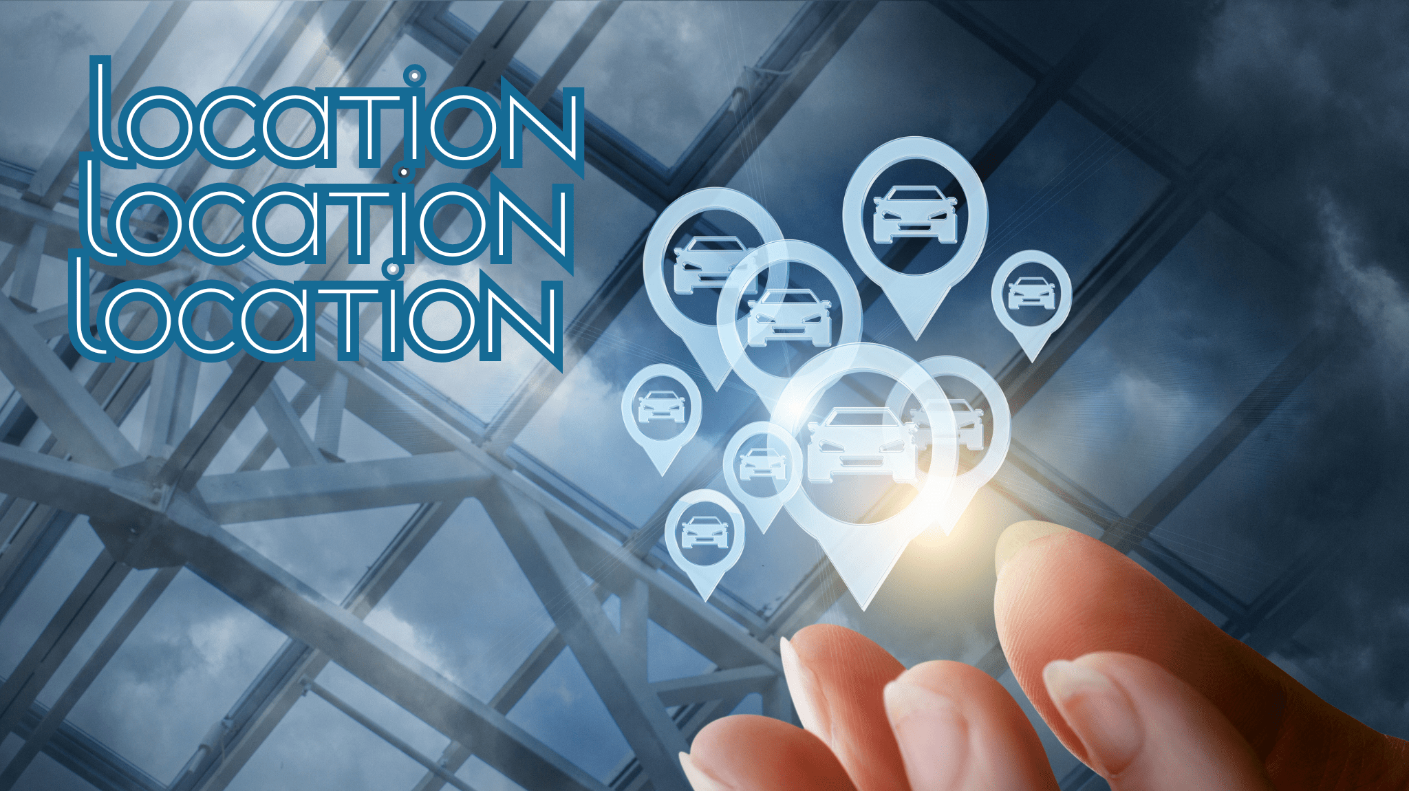Hand reaching toward multiple location map pins over a digital grid, emphasizing the importance of choosing the right property location in real estate.