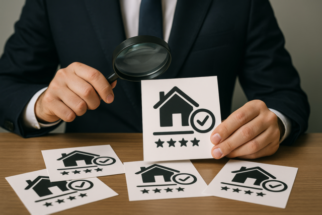A professional property manager in a suit examines printed house rating cards with a magnifying glass, symbolizing certified property management, quality assurance, and attention to detail in real estate services.