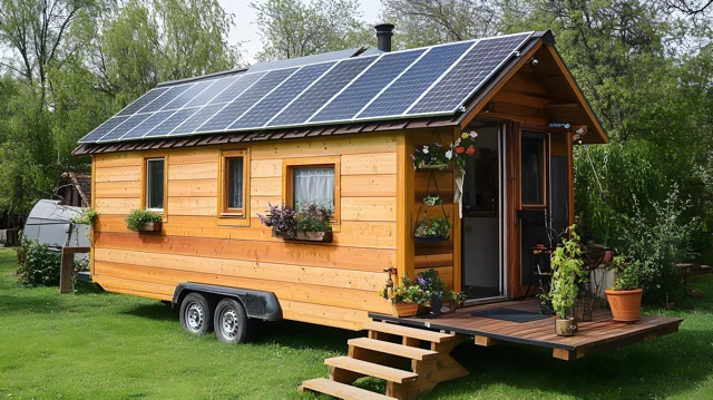 Tiny house on wheels with solar panels installed on the roof in a garden setting.