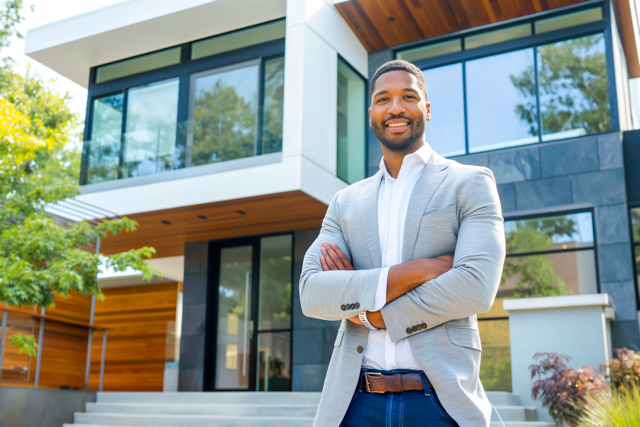 Smiling real estate professional standing confidently in front of a modern home, symbolizing the start of a successful real estate career in Florida.