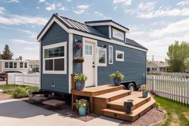 Blue tiny house on wheels with front steps and flower planters in a suburban neighborhood.