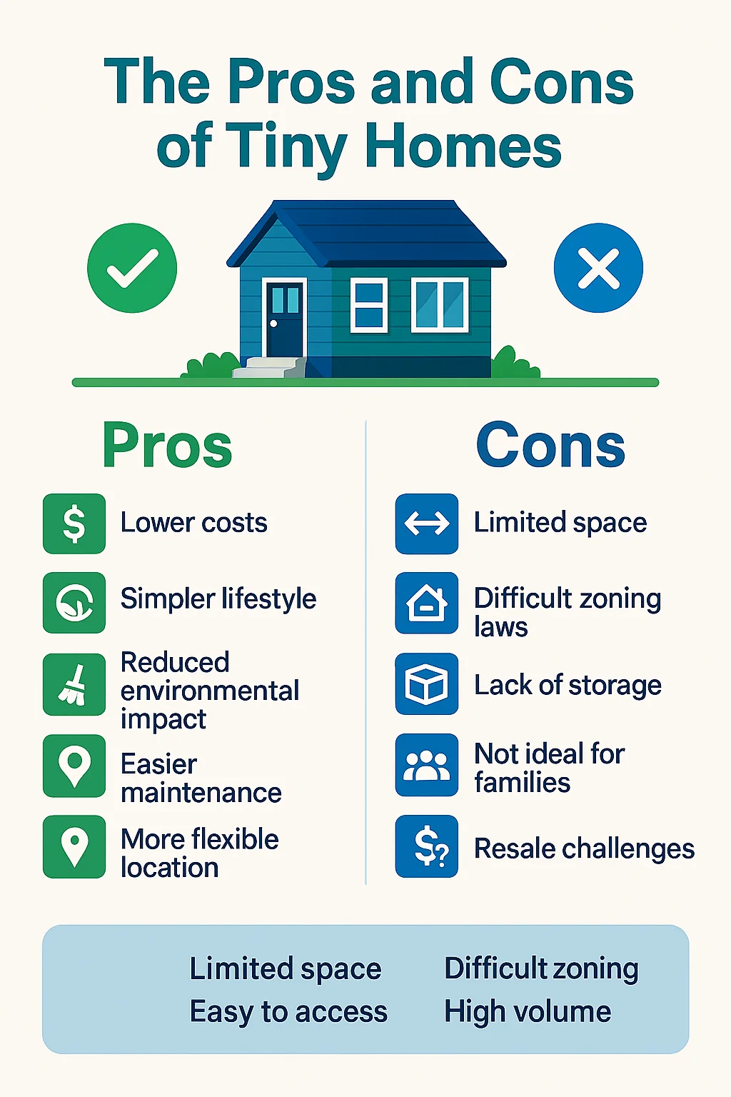 Infographic showing the pros and cons of tiny homes, highlighting lower costs, reduced environmental impact, and mobility benefits as pros, and limited space, zoning restrictions, and financing challenges as cons. Created for Allegiant Management Group blog.
