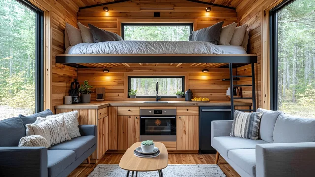 Cozy tiny house interior featuring a loft bedroom, kitchen, and living space with wood paneling.