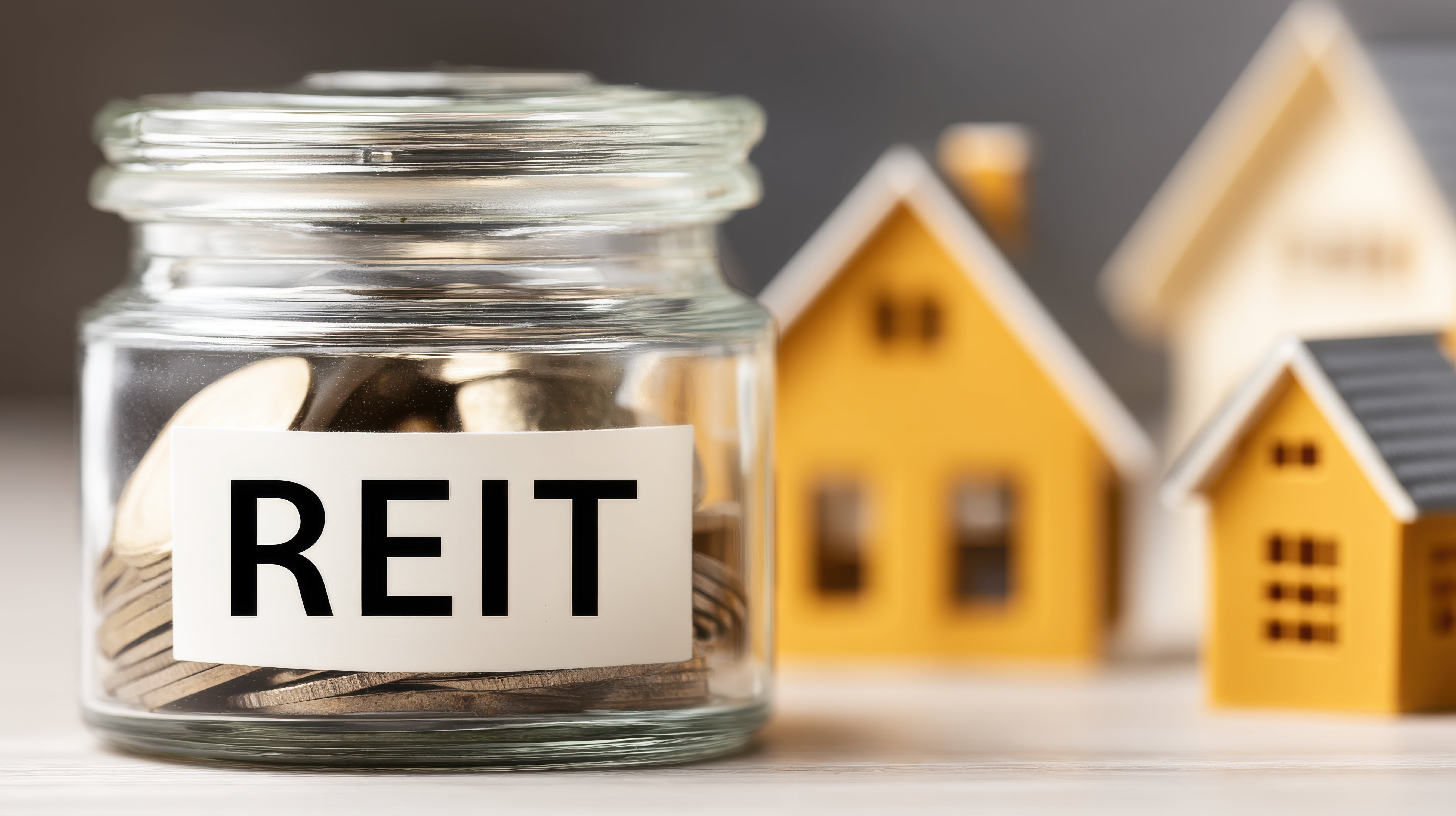 A glass jar labeled “REIT” filled with gold coins, symbolizing investment in Real Estate Investment Trusts. In the blurred background, there are small yellow model houses, representing real estate assets. The image conveys the concept of investing in real estate through REITs.